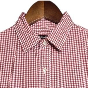Michael Kors Mens Shirt Medium Red White Gingham Check Trim Stretch Long Sleeve